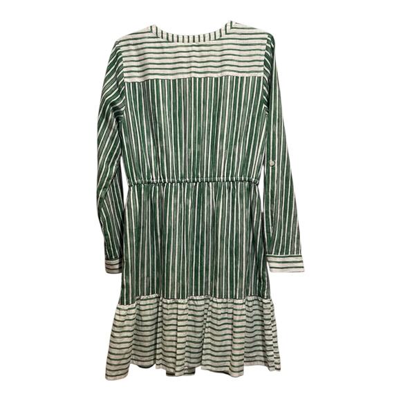 Loft Women's White Green Striped Tab Sleeve Button Flounce Dress - Picture 5 of 12